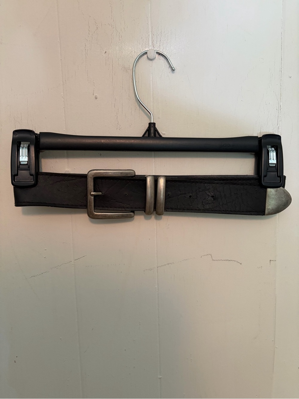Unisex black belt with modern, brutalist silver buckle and details